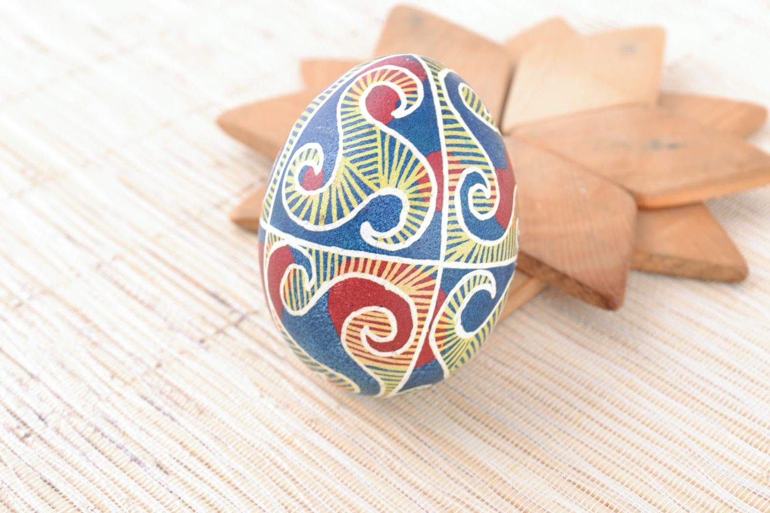Handmade red and blue painted chicken Easter egg photo 1