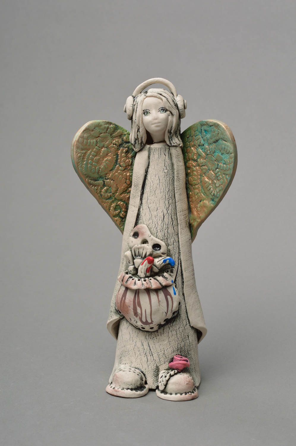 Handmade porcelain statuette in shape of angel with glaze and acrylic paints photo 1