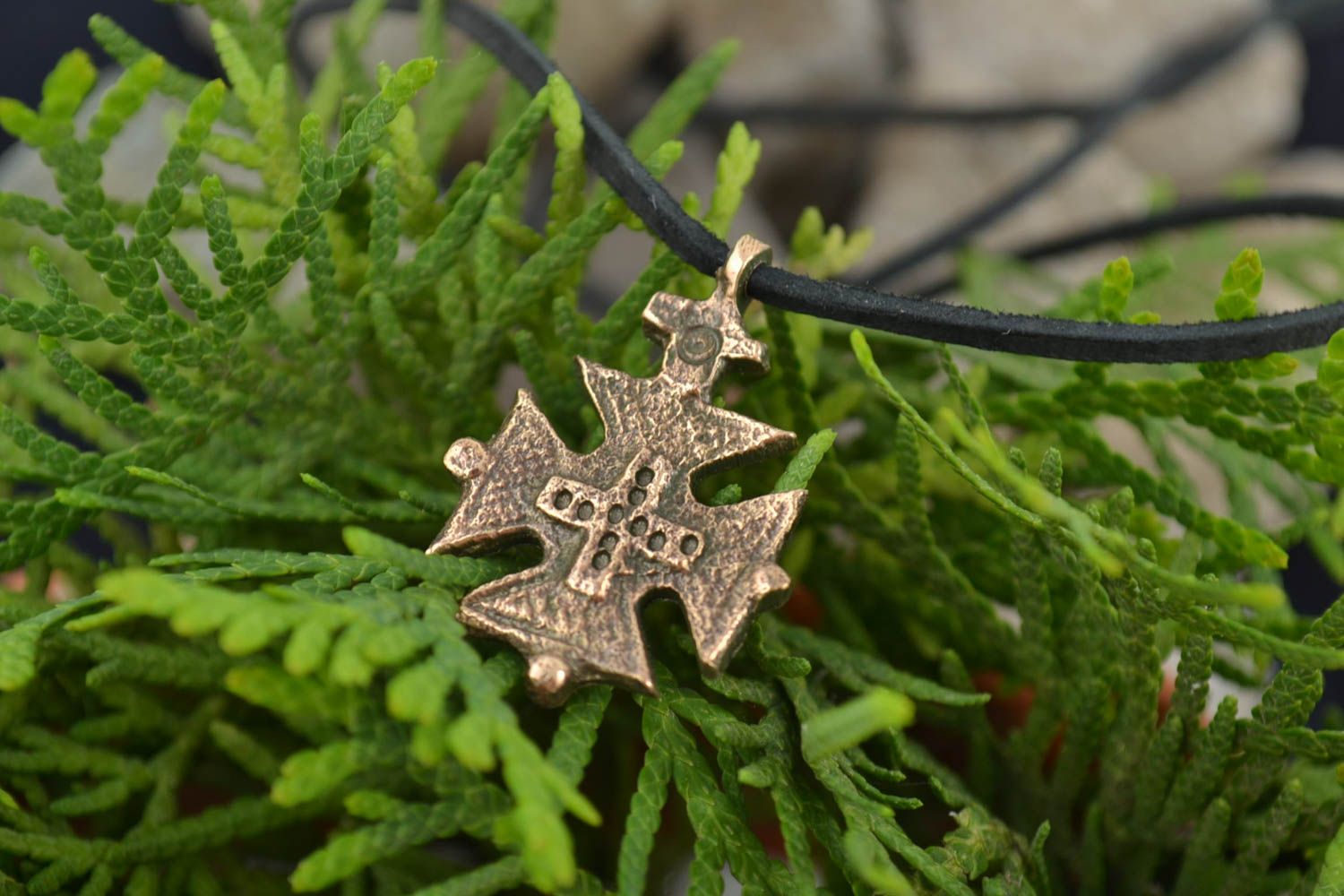 Handmade decorative small bronze next to skin cross pendant necklace on cord  photo 1