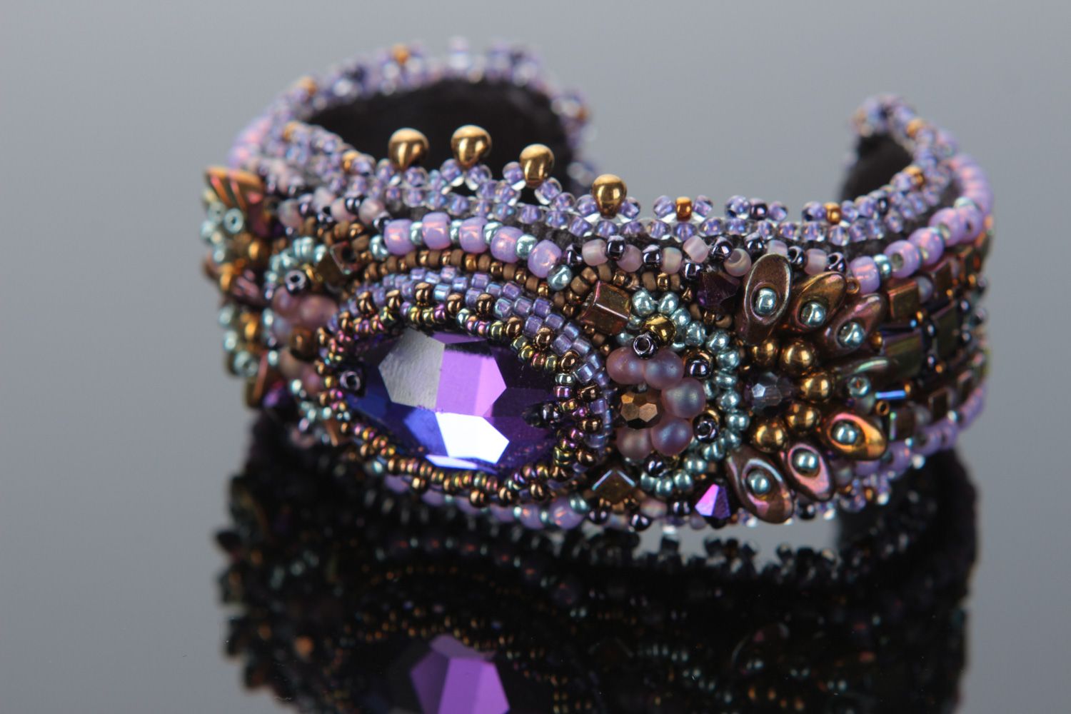 Handmade massive violet wrist bracelet embroidered with sparkling beads photo 2