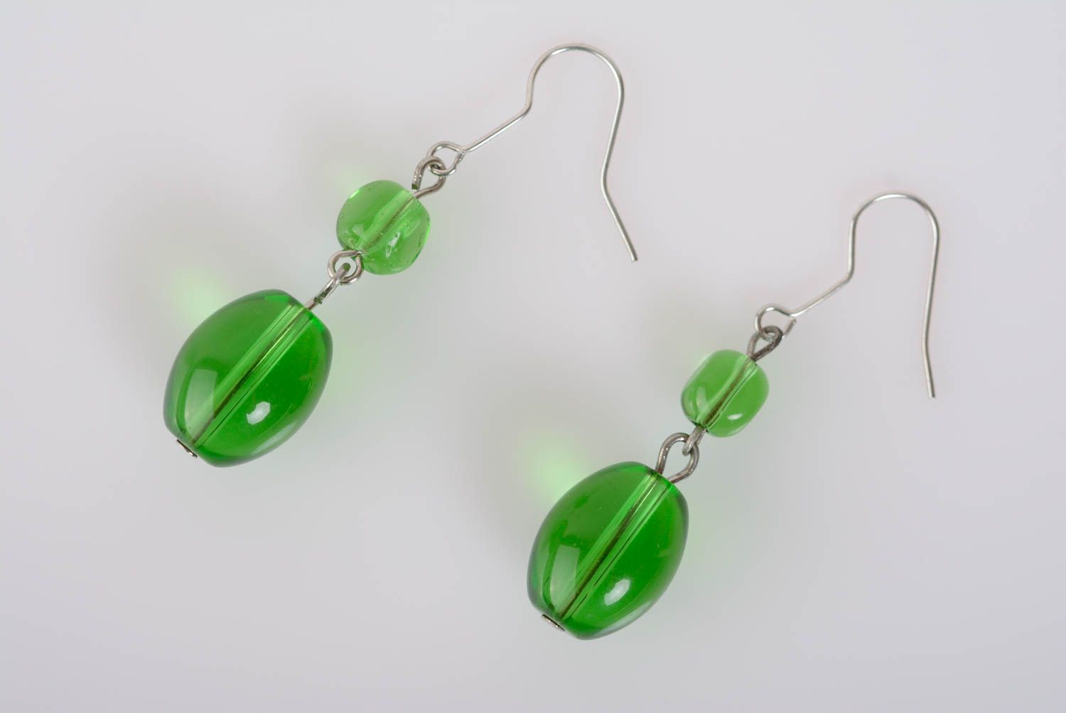 Handmade designer earrings made of glass beads long beautiful green jewelry photo 1