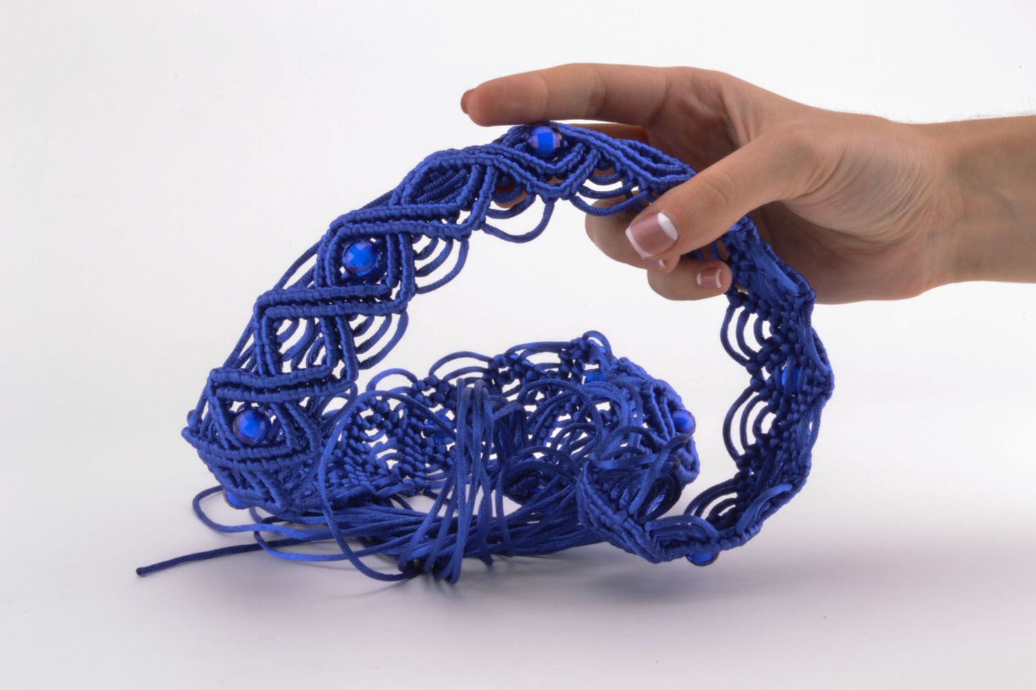 Cintura da donna intrecciata fatta a mano cinghia di fili in colore blu foto 5