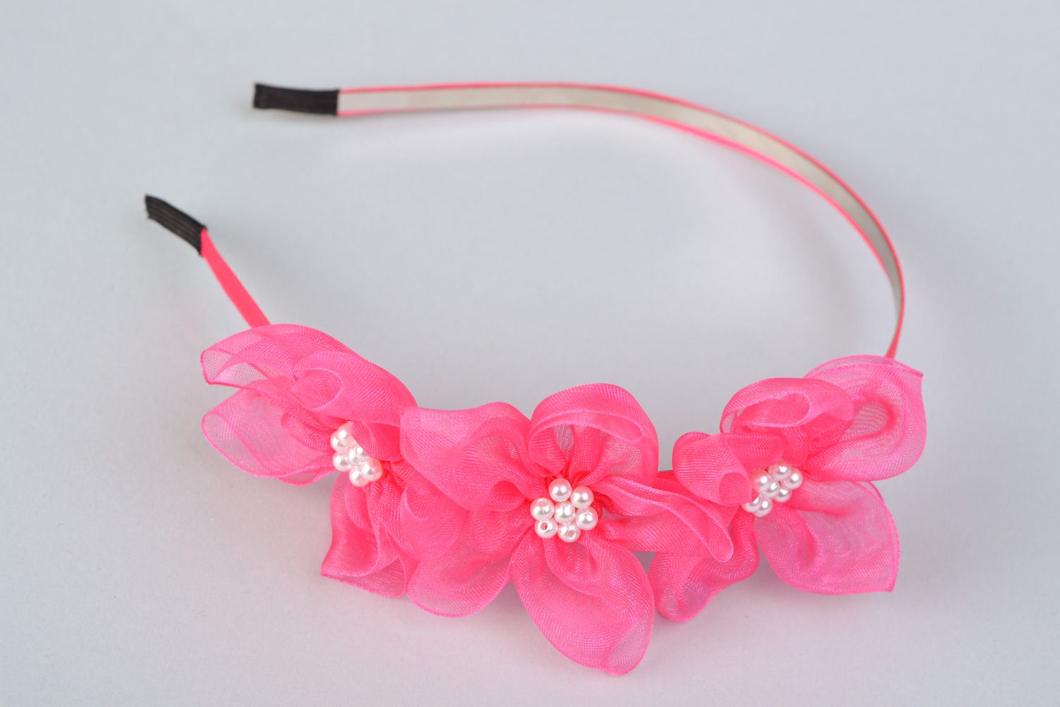 Handmade pink satin flower headband photo 1