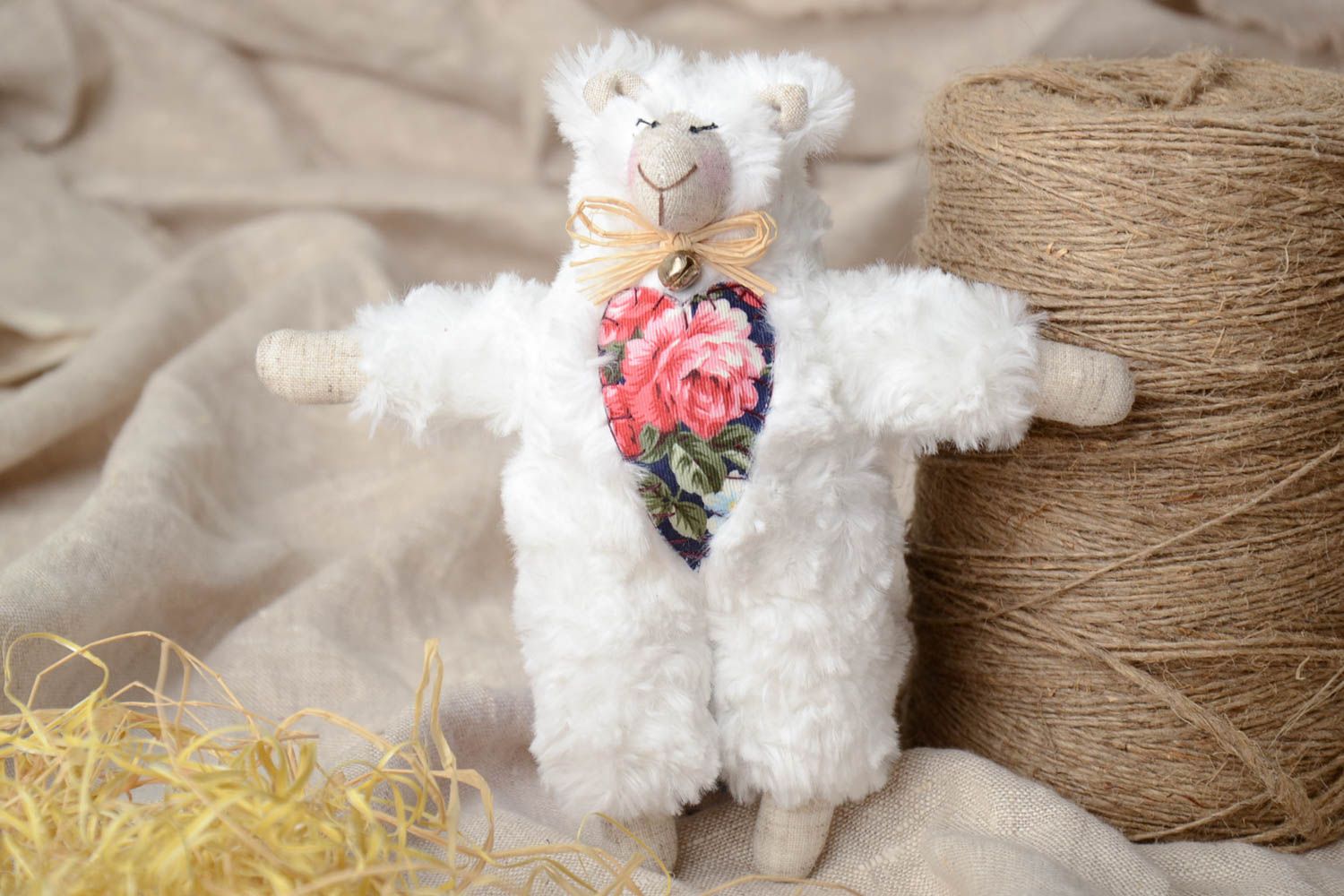 Handmade white faux fur soft toy lamb with applique work floral heart and straw photo 1