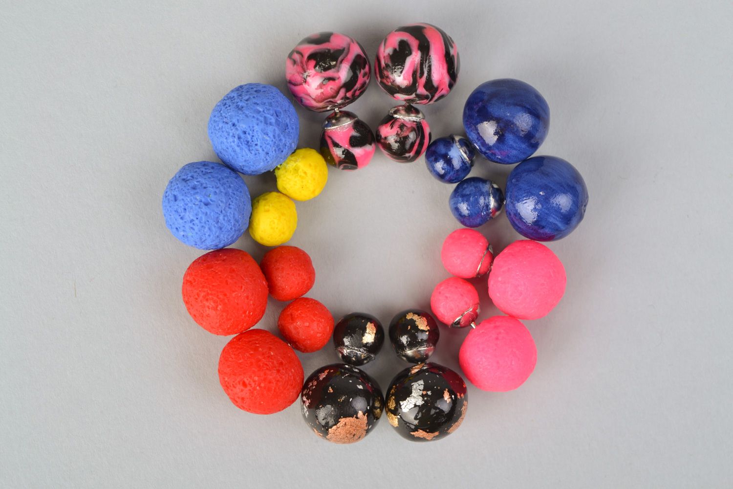 Set of handmade polymer clay earrings of round shape and bright colors 6 pairs photo 3