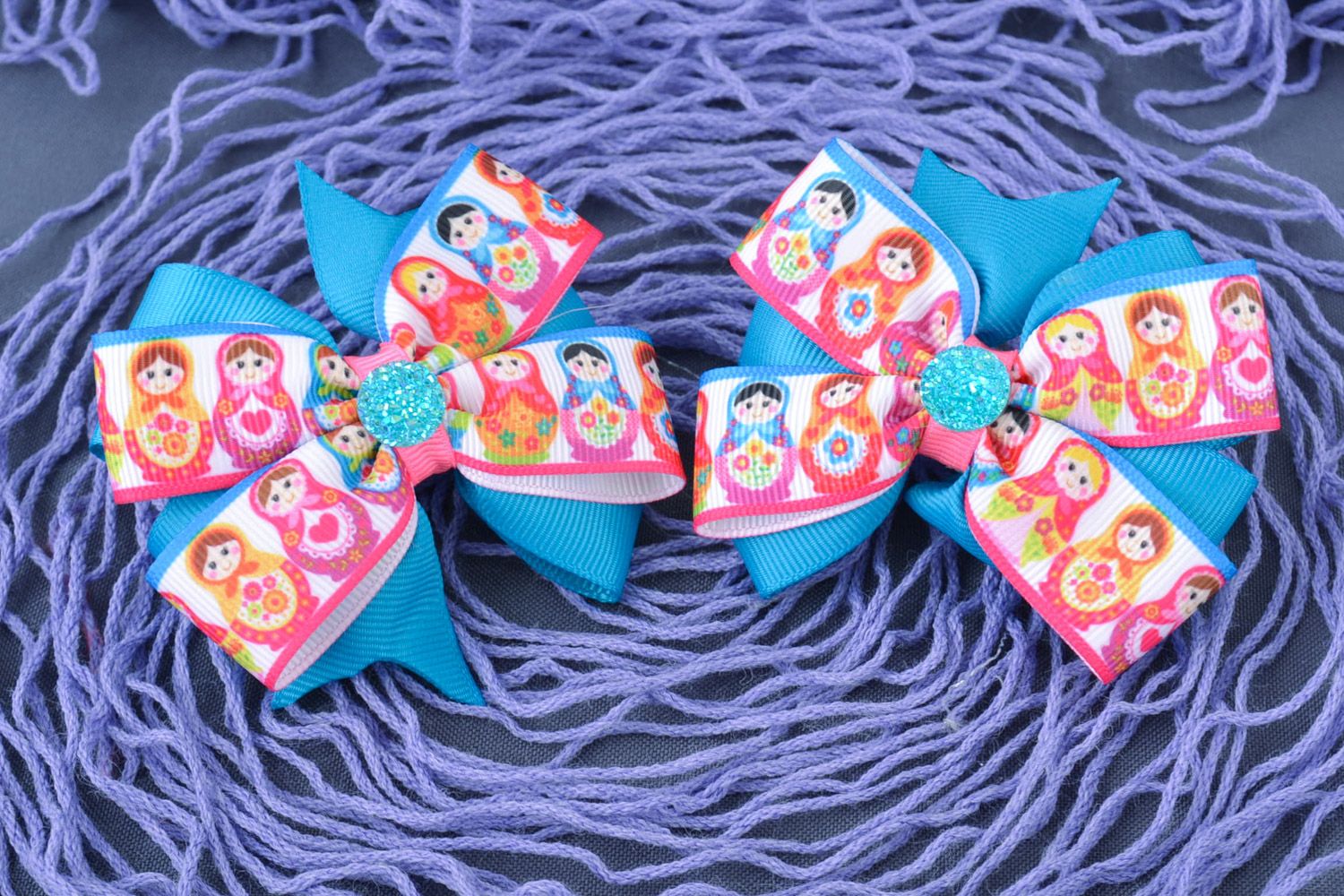 Set of 2 bright colorful handmade hair ties with bows made of satin ribbons  photo 1