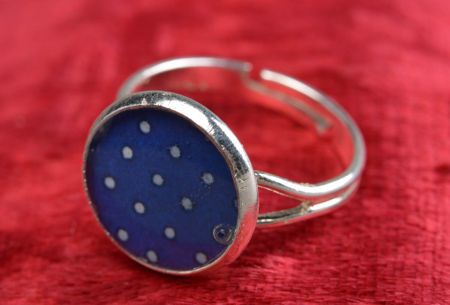 Handmade bright blue polka dot decoupage round top jewelry ring with metal basis photo 1