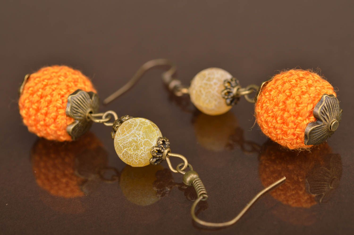 Handmade beaded crocheted earrings long yellow orange bright beautiful jewelry photo 5