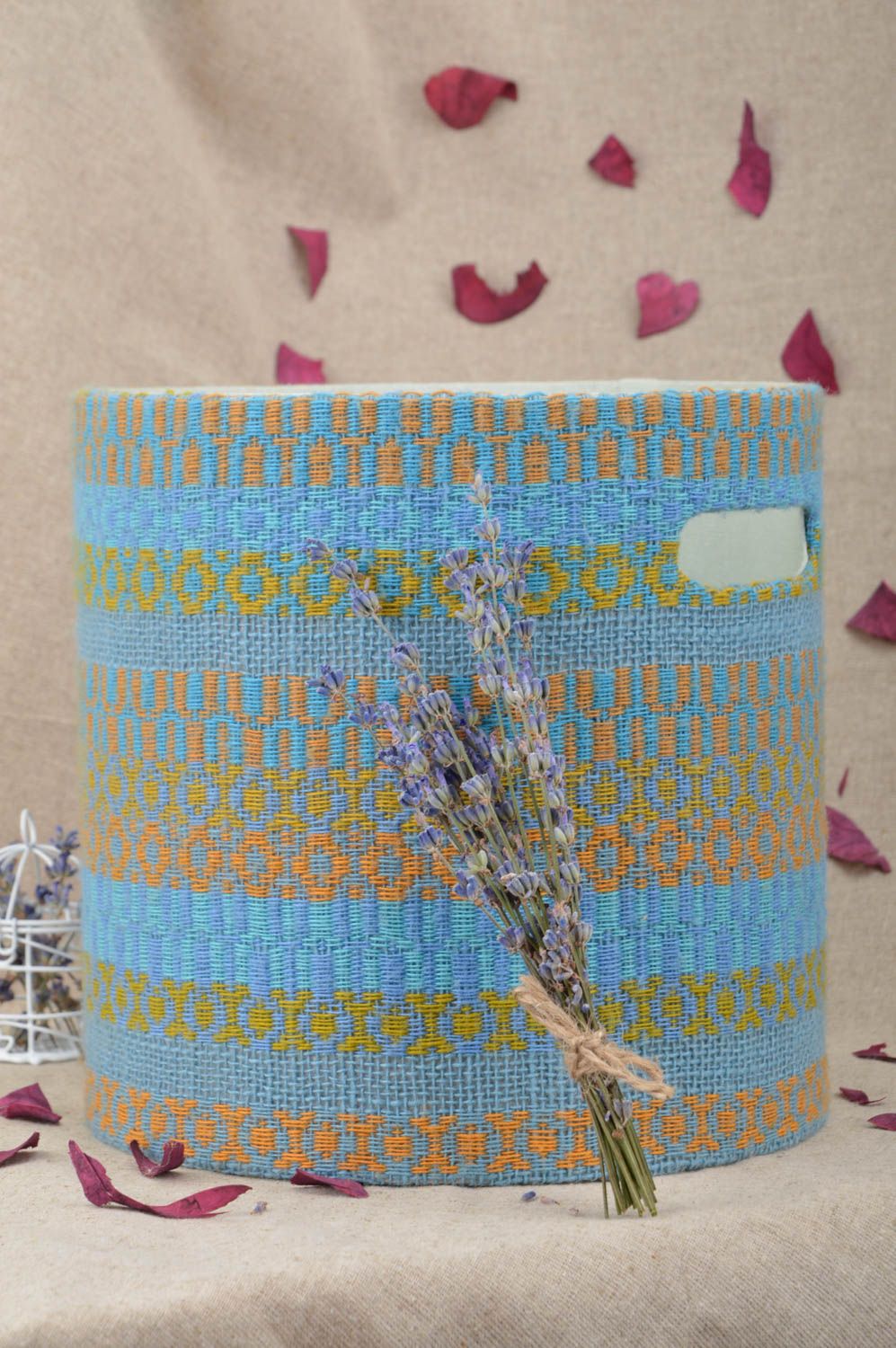 Corbeille de rangement en tissus jute lin carton bleue à motif faite main photo 1
