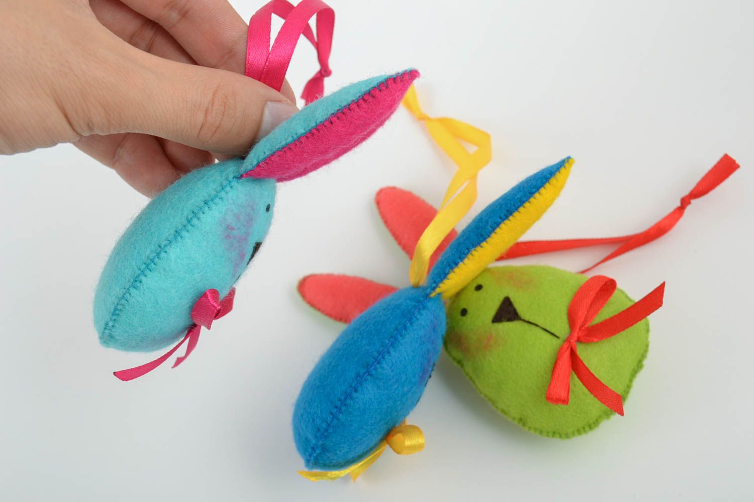 Set of 3 decorative soft wall hanging toys sewn of felt Hares photo 5