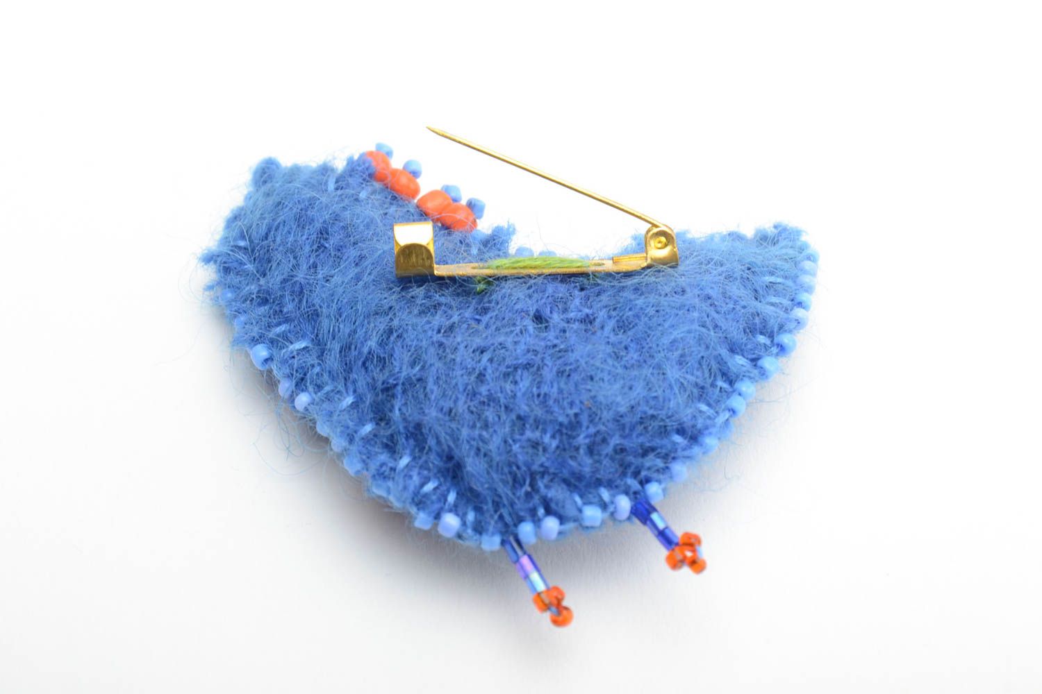 Beautiful blue handmade soft unusual brooch made of wool in the form of Bird photo 3