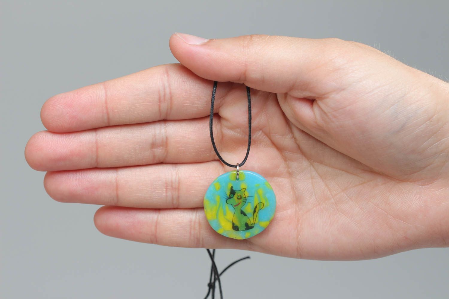 Handmade polymer clay pendant round yellow with blue cord with Cat print photo 5