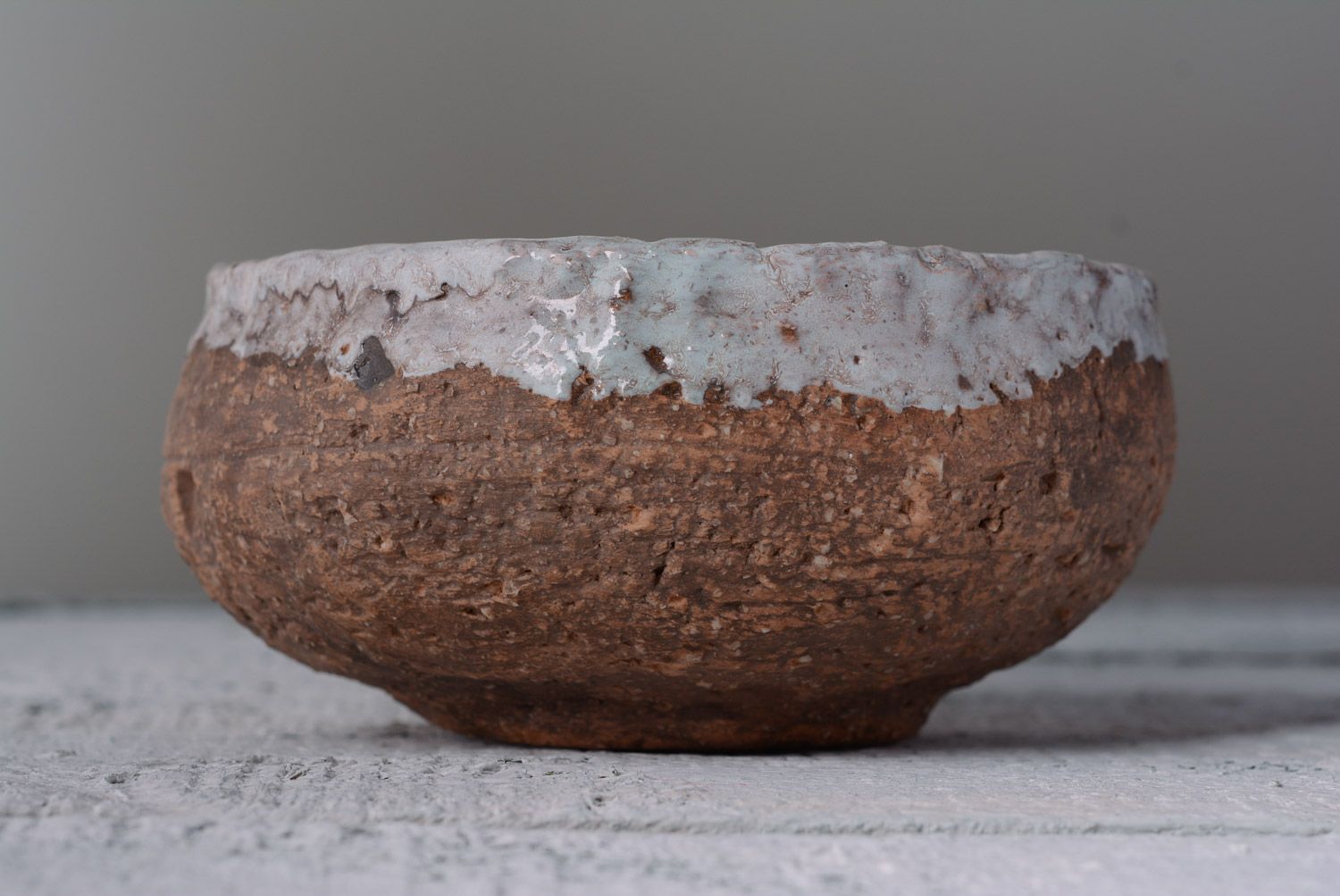 Brown handmade clay soup bowl with unusual texture photo 1