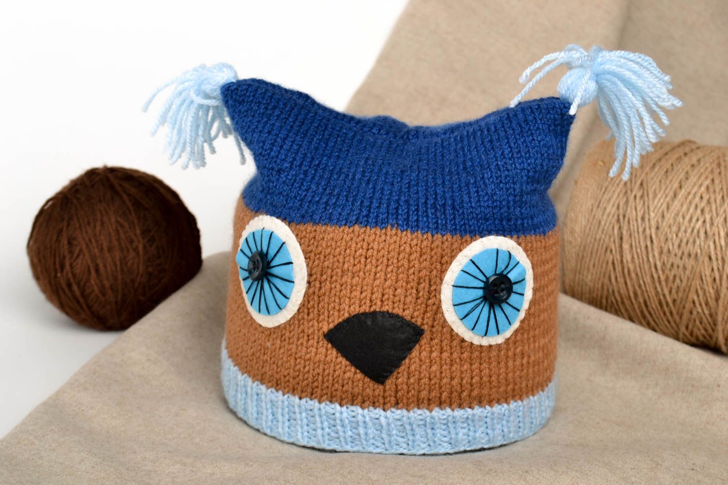 Bonnet tricot Chapeau fait main en laine bleu marron Vêtement enfant Hibou photo 1