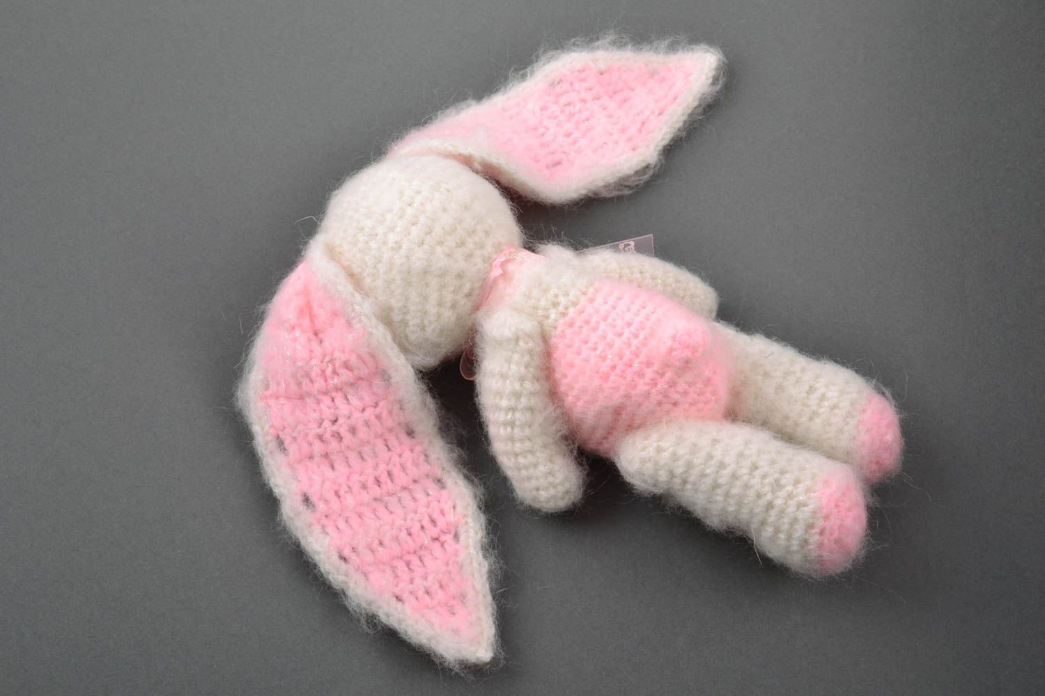 Handmade decorative toy bunny white with pink beautiful crocheted interior element photo 5