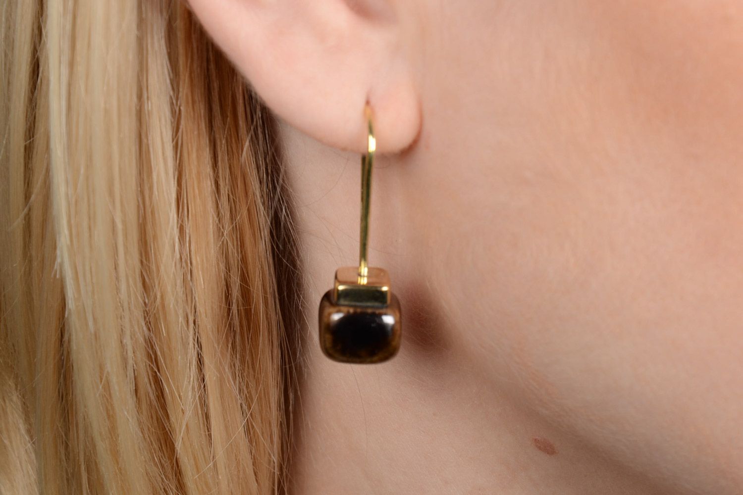 Handmade elegant tin dangle earrings with small dark porcelain beads for ladies photo 5