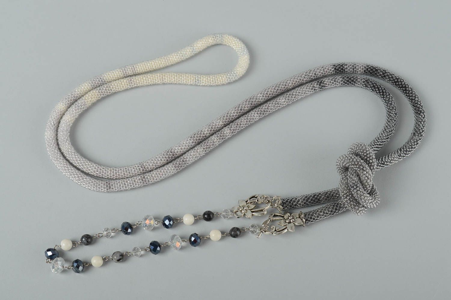 Beaded lariat necklace handmade jewelry beaded jewelry in gray shades girl gift  photo 4