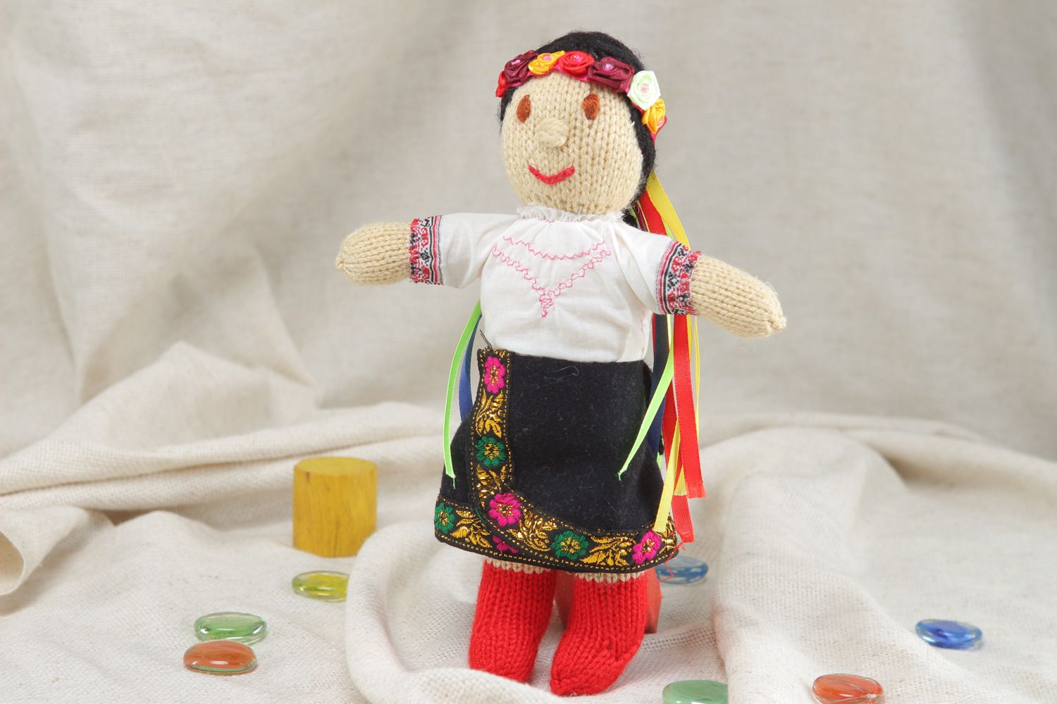 Handmade soft doll knitted of acrylic threads Ukrainian girl in national costume photo 5
