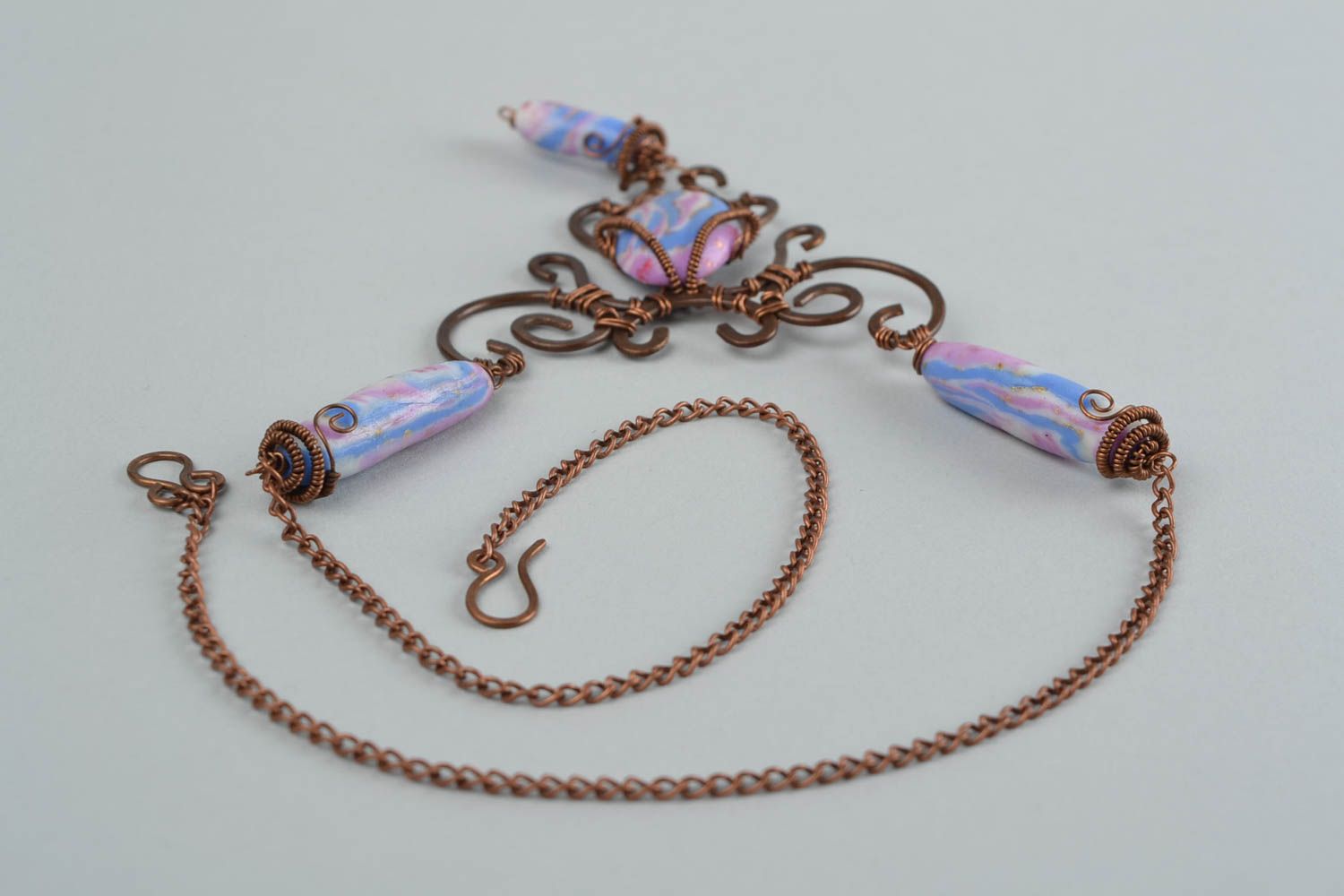 Unusual handmade designer wire wrap copper necklace with plastic beads photo 5
