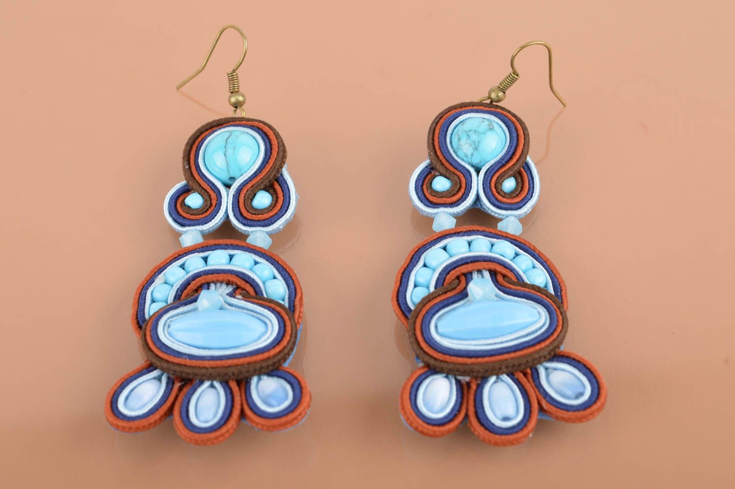 Handmade designer long dangle soutache earrings with beads of turquoise color photo 2