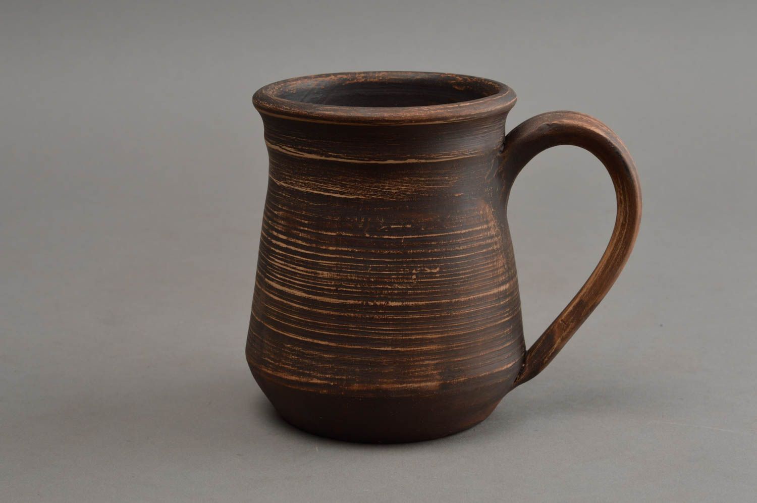 XXL 16 oz brown natural clay lead-free cup in rustic style with handle photo 2