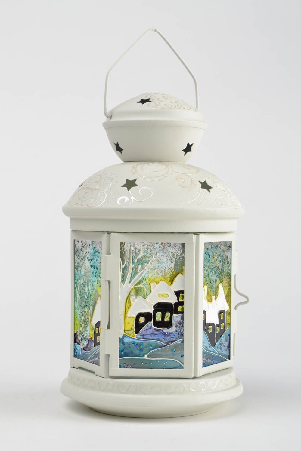 Handmade metal and glass lamp candle holder with stained glass painting photo 3