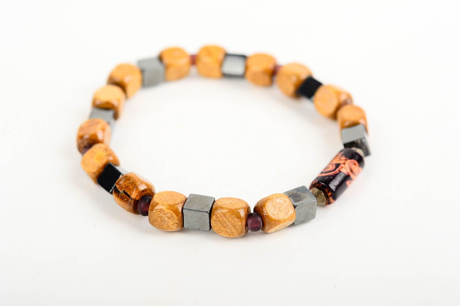 Bright black and brown handmade wooden beaded bracelet on elastic cord for women photo 3