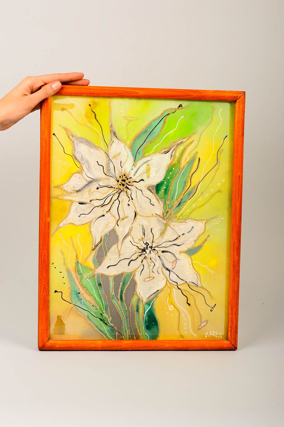 Батик картина ручной работы картина из ткани дизайн стен лилии карсивые фото 1