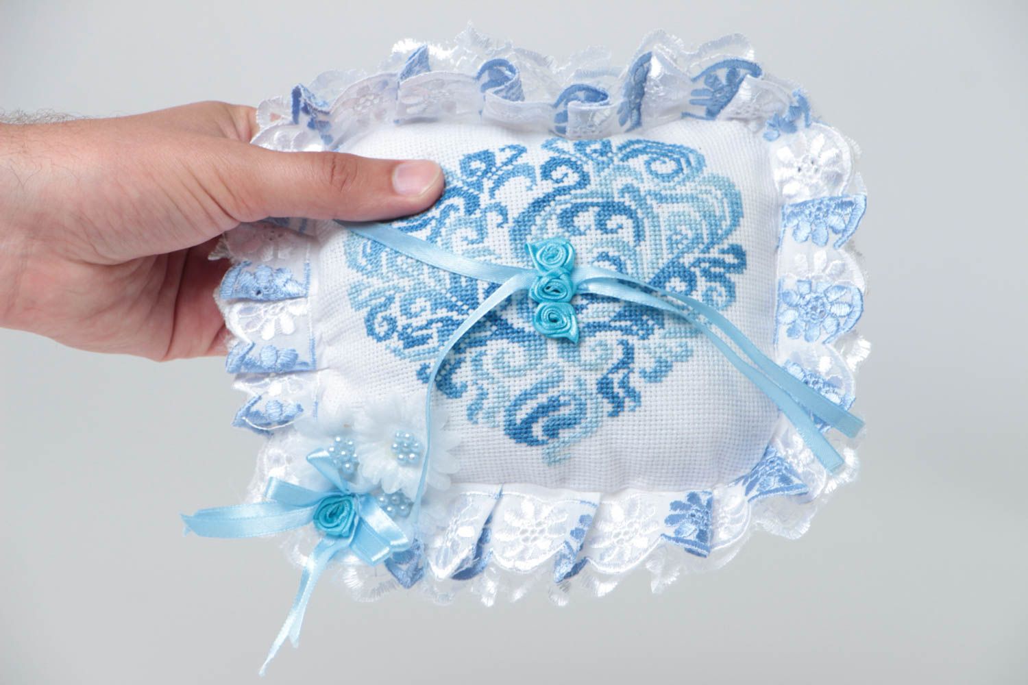 Beautiful handmade blue embroidered wedding ring pillow decorated with flowers photo 5