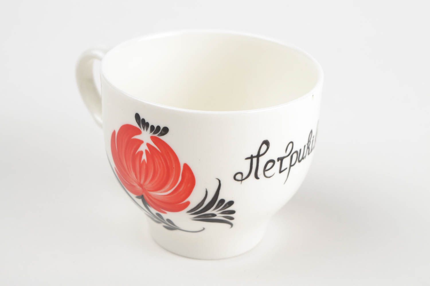 Porcelain white5 oz tea cup with handle and black, red floral pattern in Chinese style photo 5