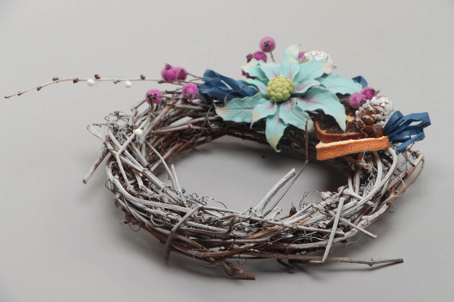 Beautiful handmade wicker door wreath with polymer clay flowers for home decor photo 4