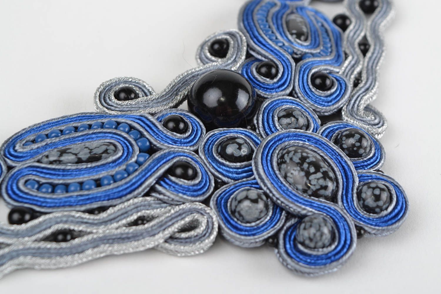 Handmade designer soutache necklace with obsidian Winter Sky photo 4