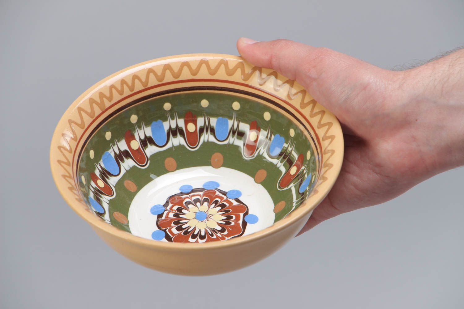 Handmade decorative ceramic bowl for 500 ml painted with ornaments with glaze photo 5
