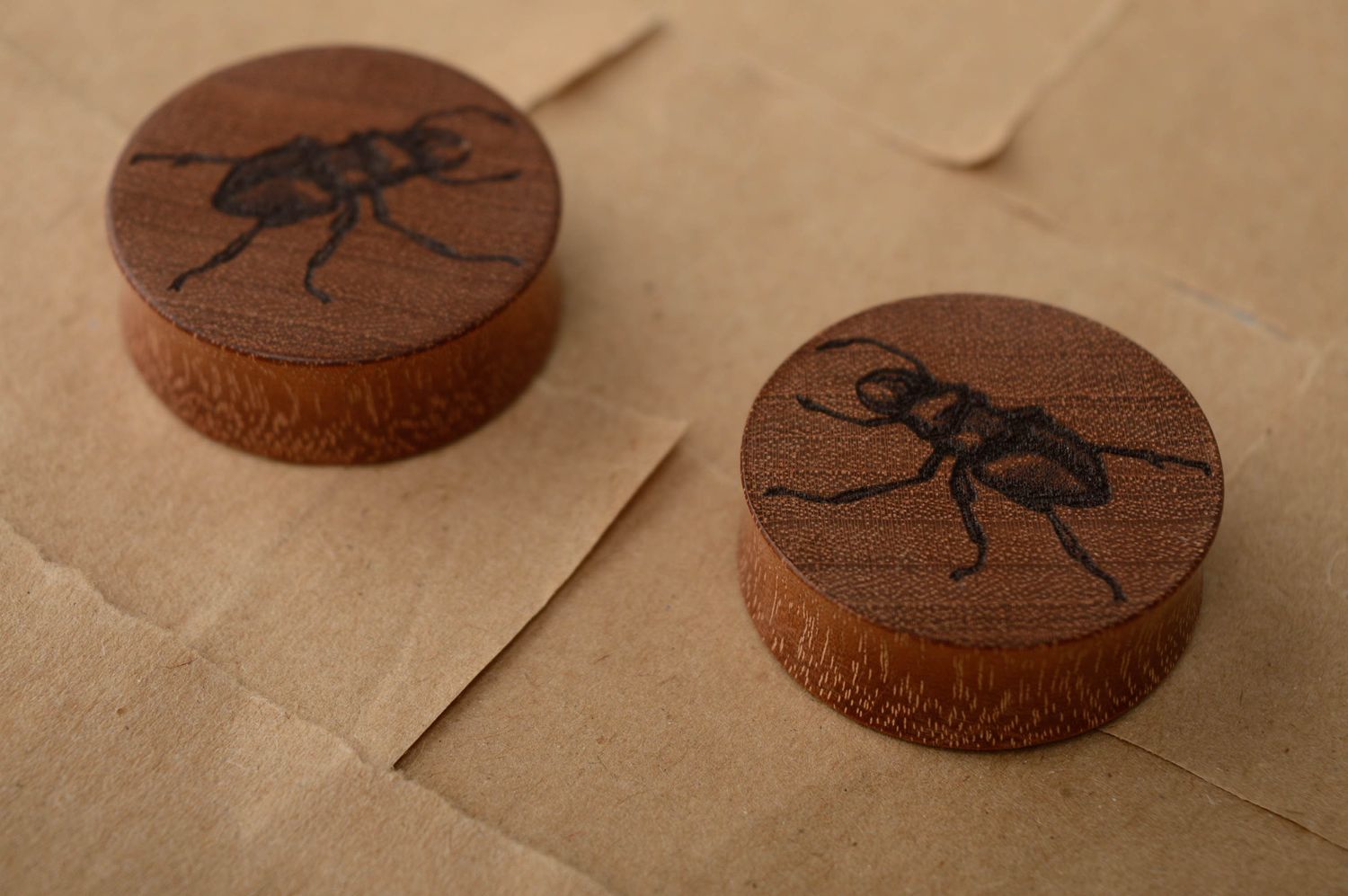 Beautiful wooden ear plugs with engraving Beetles photo 1