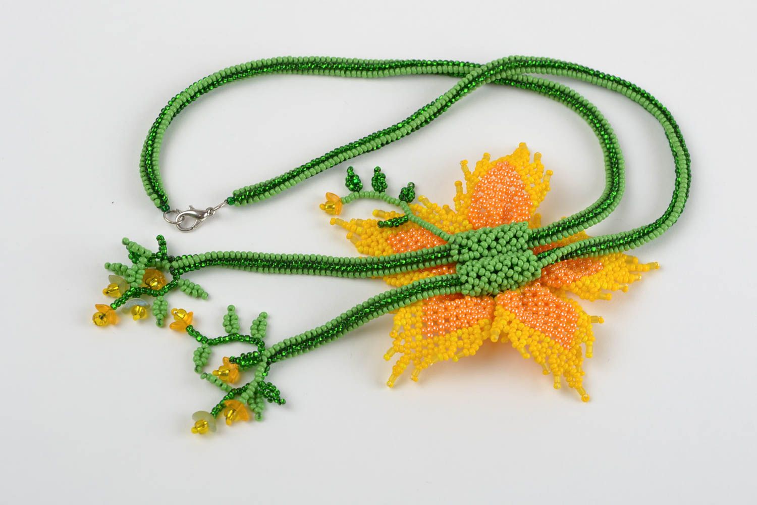 Bright long handmade necklace made of beads and natural stones Yellow flower photo 5