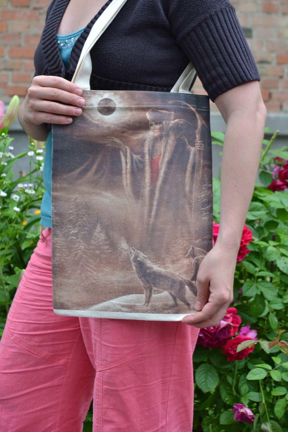 Öko Handtasche aus Stoff mit Print groß an Schulter unisex Accessoire handmade foto 1