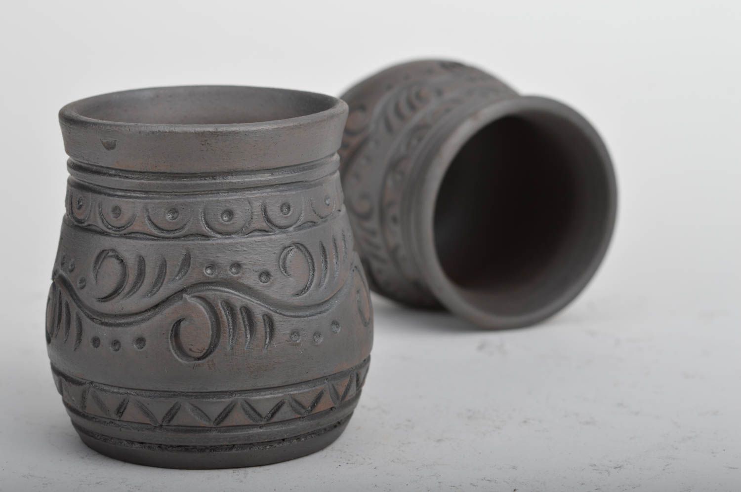 Set of 2 small decorative ethnic ornamented ceramic pottery shot glasses 100 ml photo 5