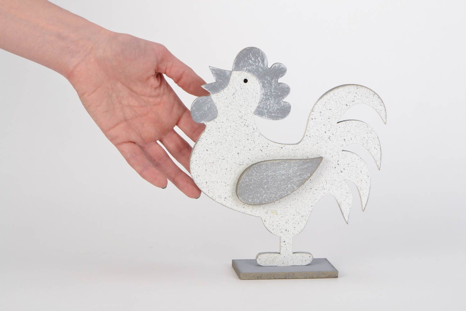 Handmade plywood interior toy in the shape of white and gray cockerel photo 2