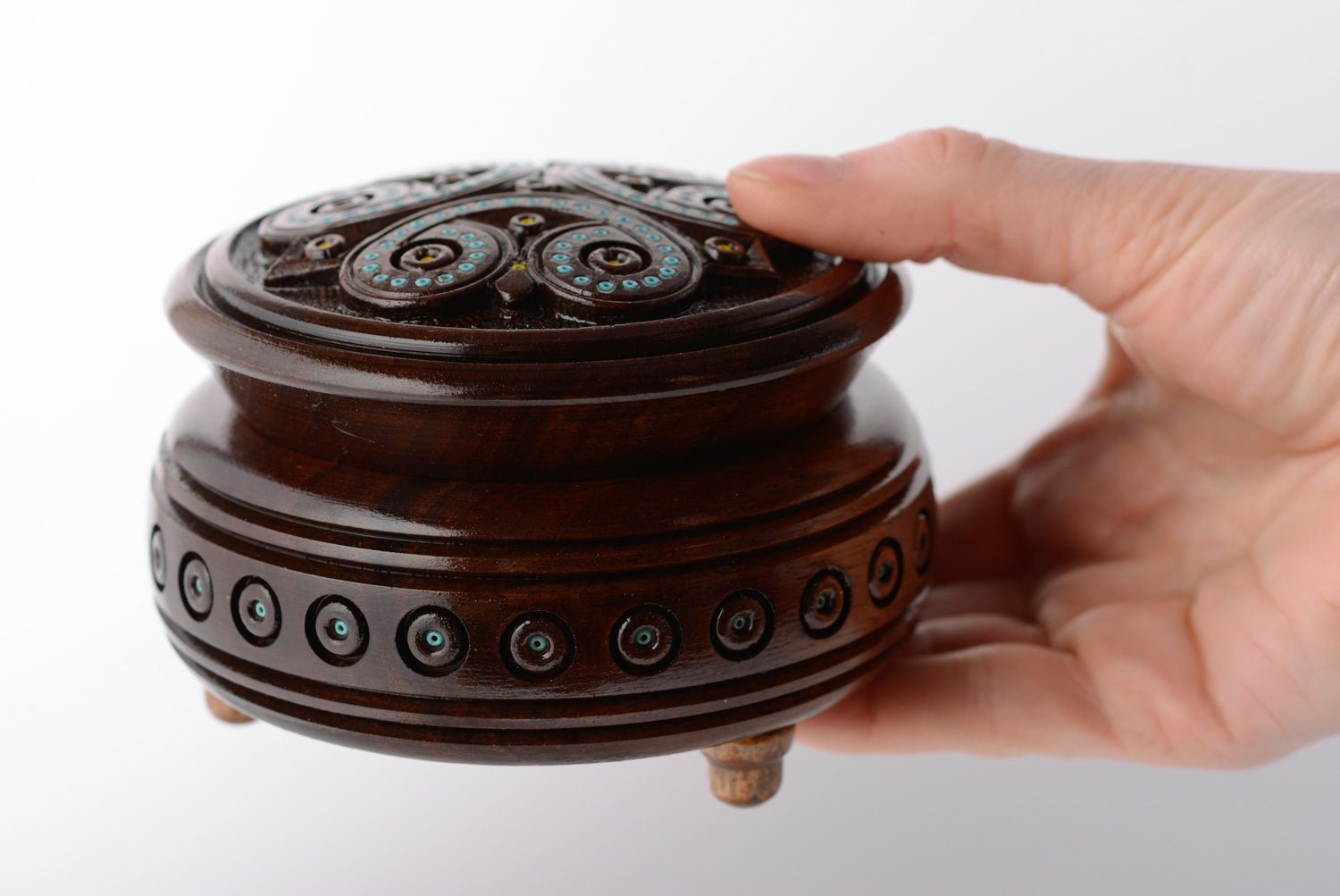 Handmade round wooden jewelry box decorated with art carving and inlaid with beads photo 5