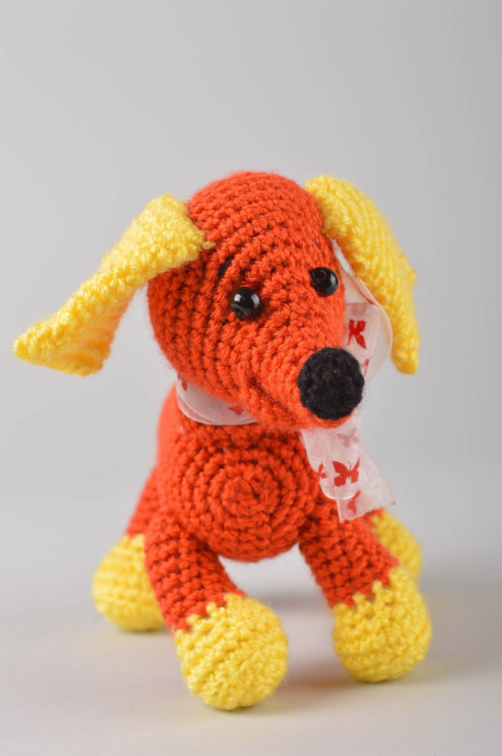 Jouet chien Peluche faite main tricotée au crochet jaune orange Cadeau enfant photo 3
