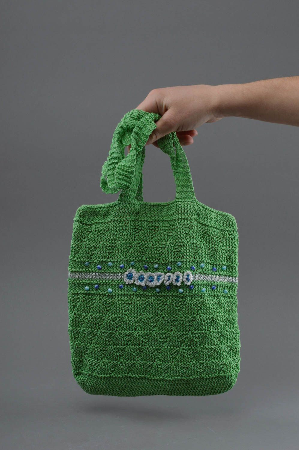 Вязаная сумка на длинных ручках аксессуар ручной работы зеленая вместительная фото 4