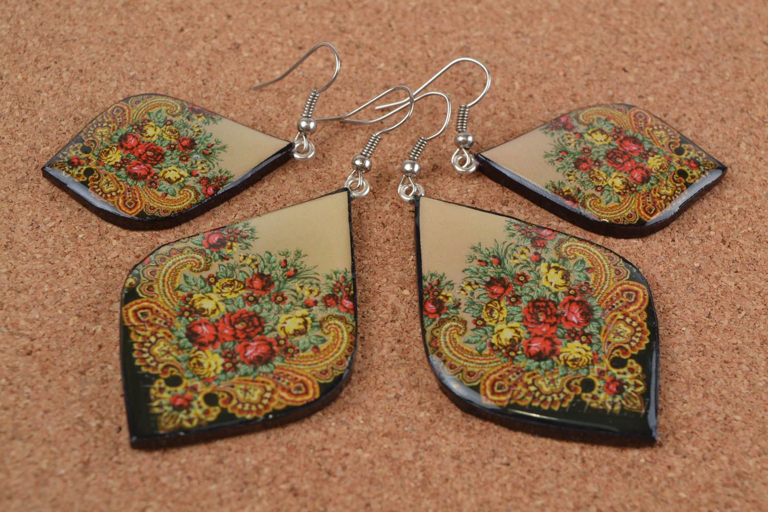 Beautiful homemade designer polymer clay earrings with decoupage 2 pairs photo 1