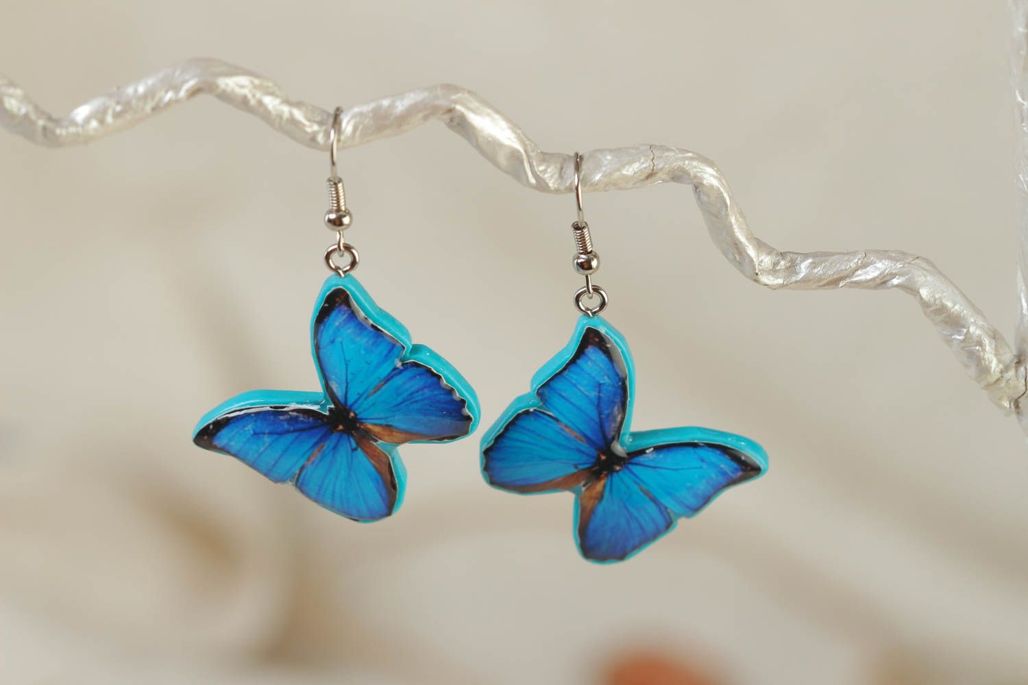 Designer handmade stylish glassy glaze earrings made of polymer clay Butterflies photo 1
