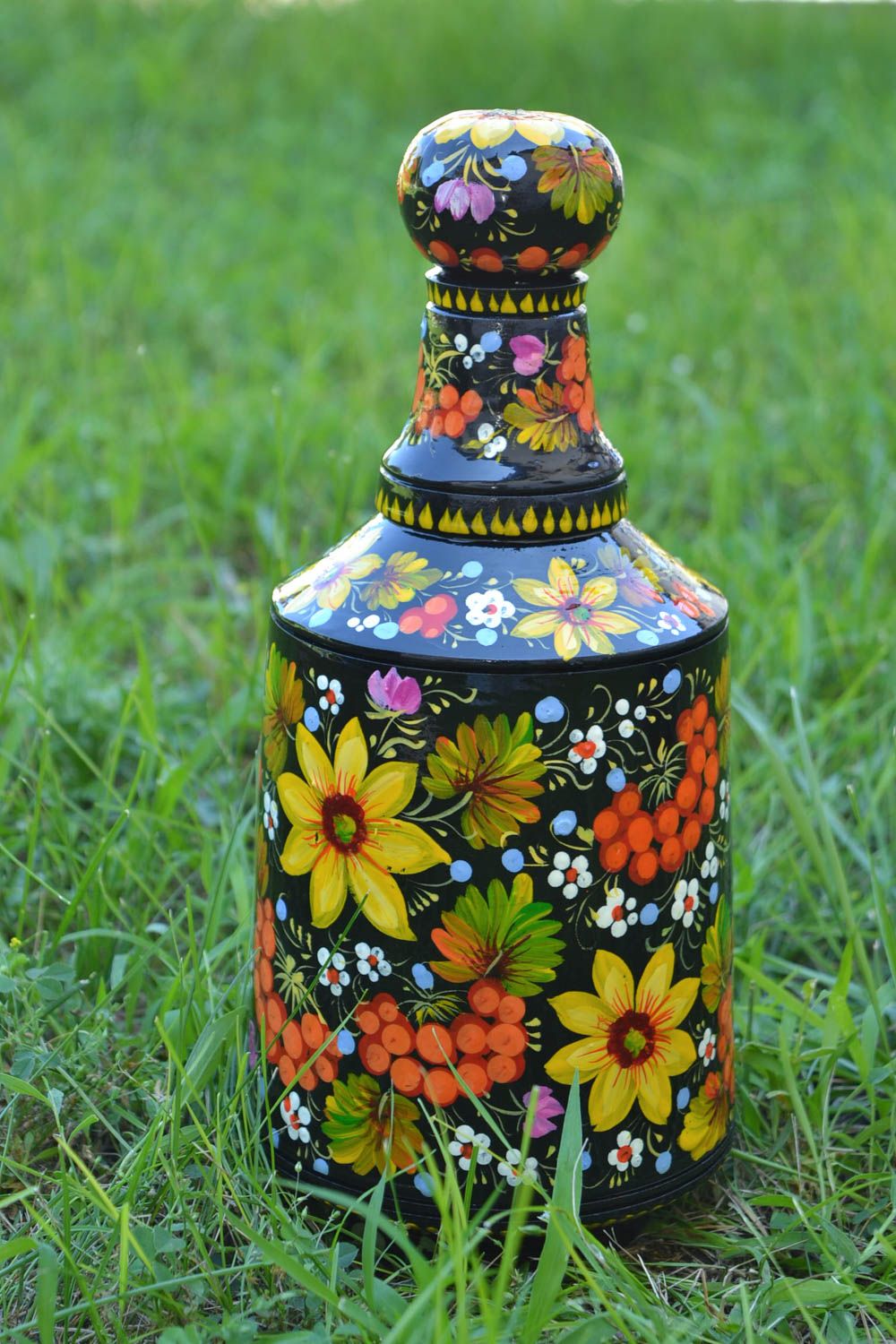 Handmade Deko Flasche Dekoration aus Holz Geschenk Idee mit Petrykiwka Malerei foto 1