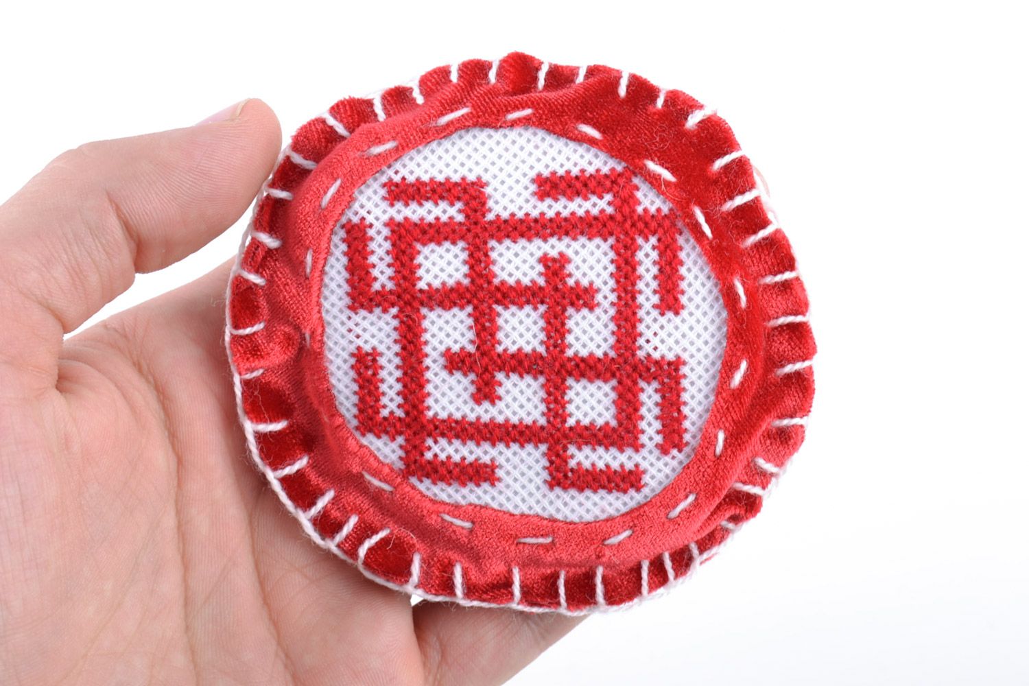 Round handmade cross stitch embroidery Slavic charm with red velvet photo 2
