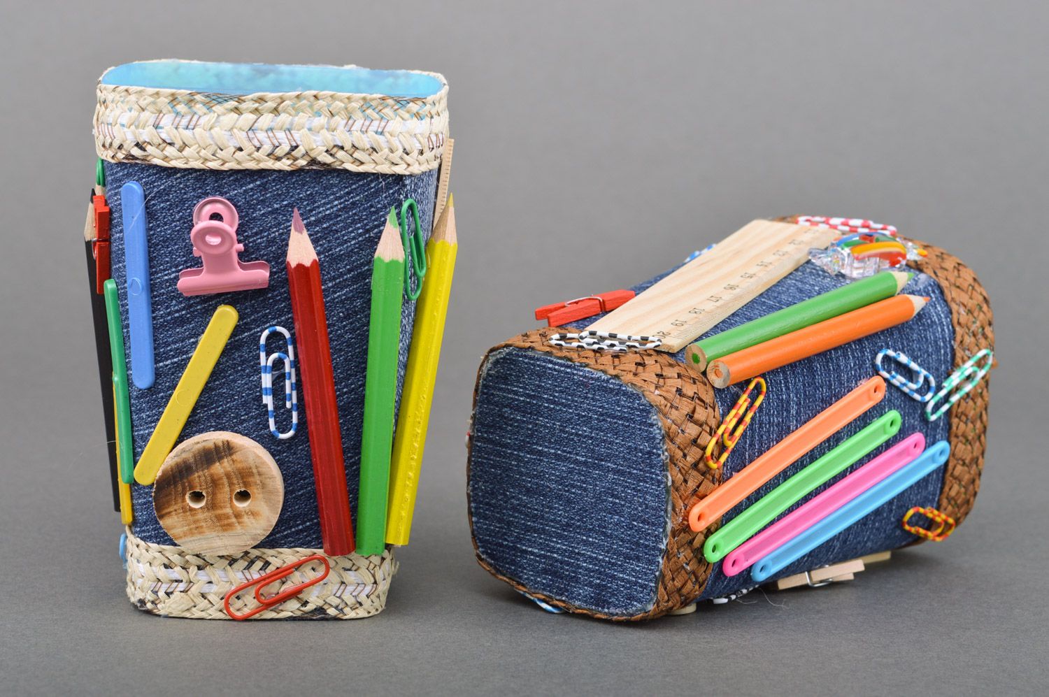 Handmade set of pencil stands made of denim in colorful tones for children photo 5