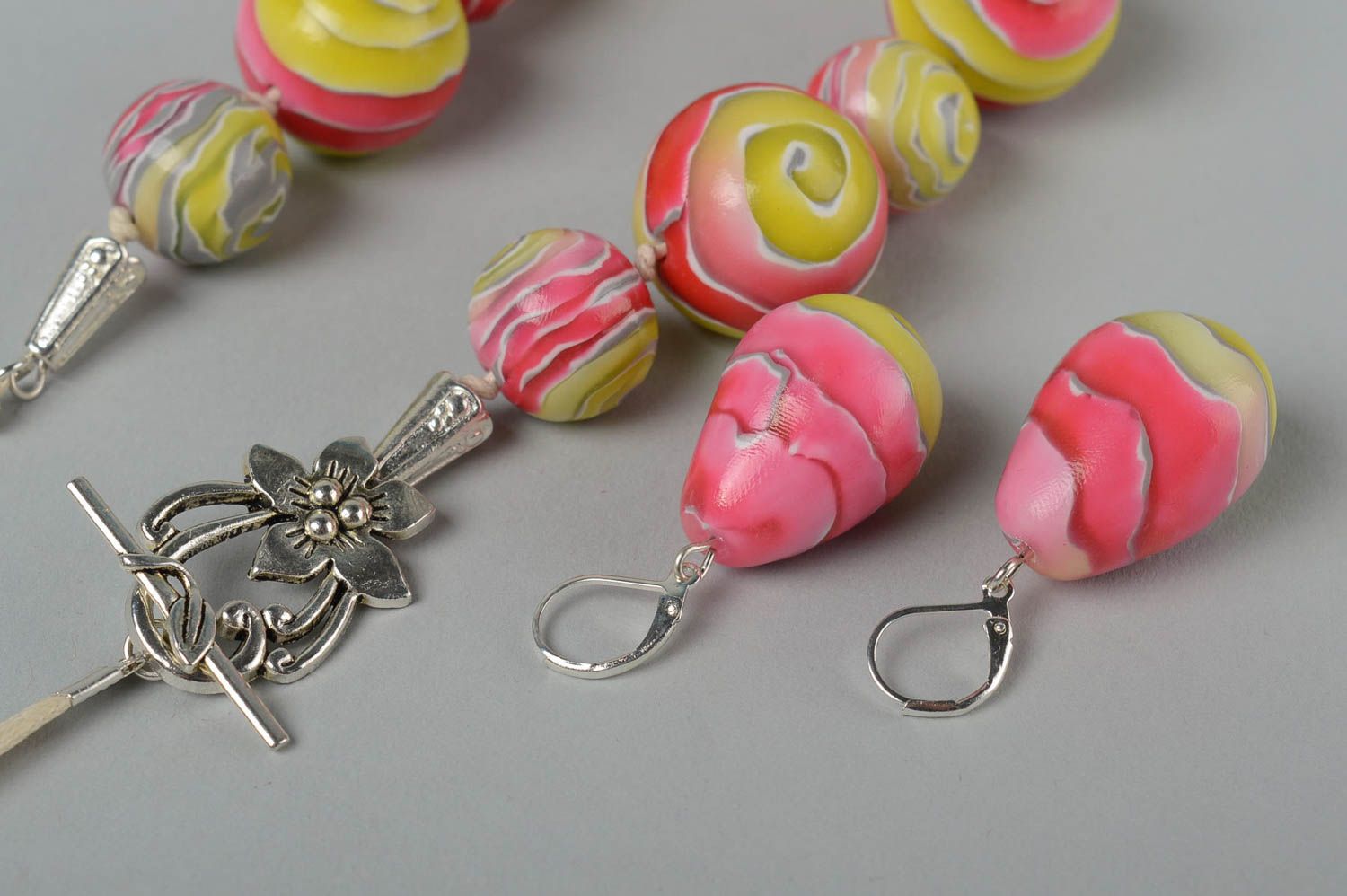 Handmade jewelry set polymer clay dangling earrings beaded necklace gift for her photo 3