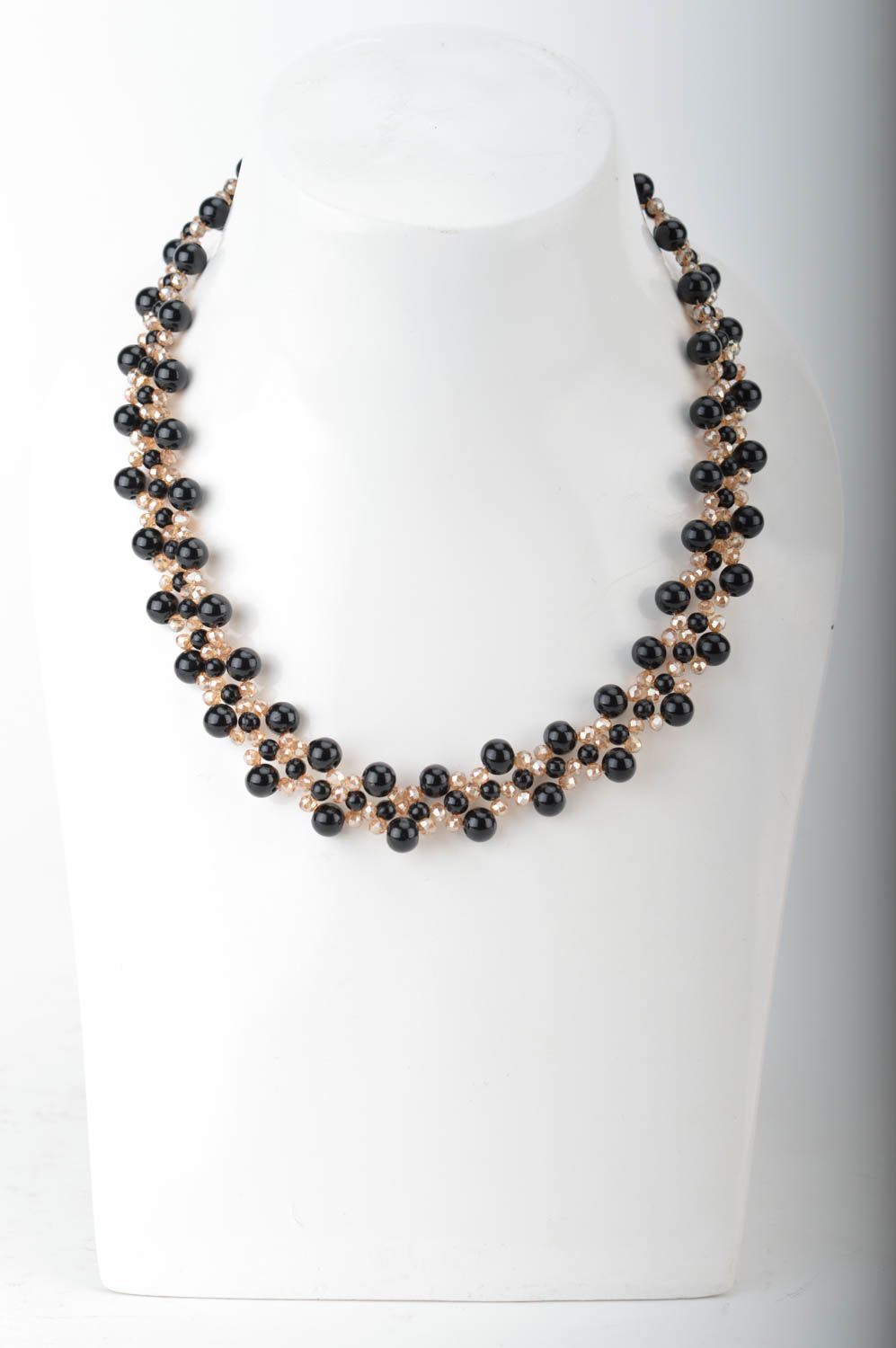 Black and gold handmade necklace made of ceramic beads and rock crystal photo 3
