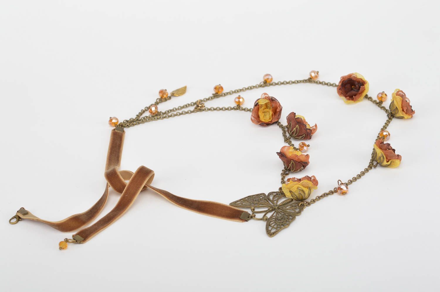 Damen Collier Blumen Halskette handgemachter Schmuck braun mit Schmetterlingen foto 2