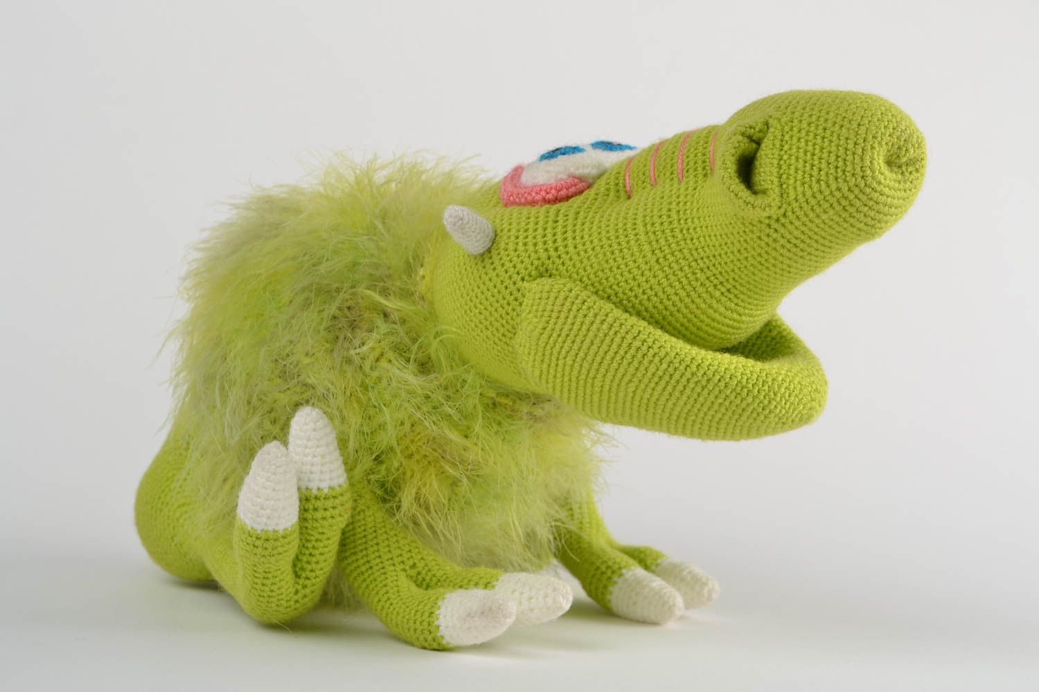Soft crocheted handmade toy for children funny green Gragomot interior decor  photo 2